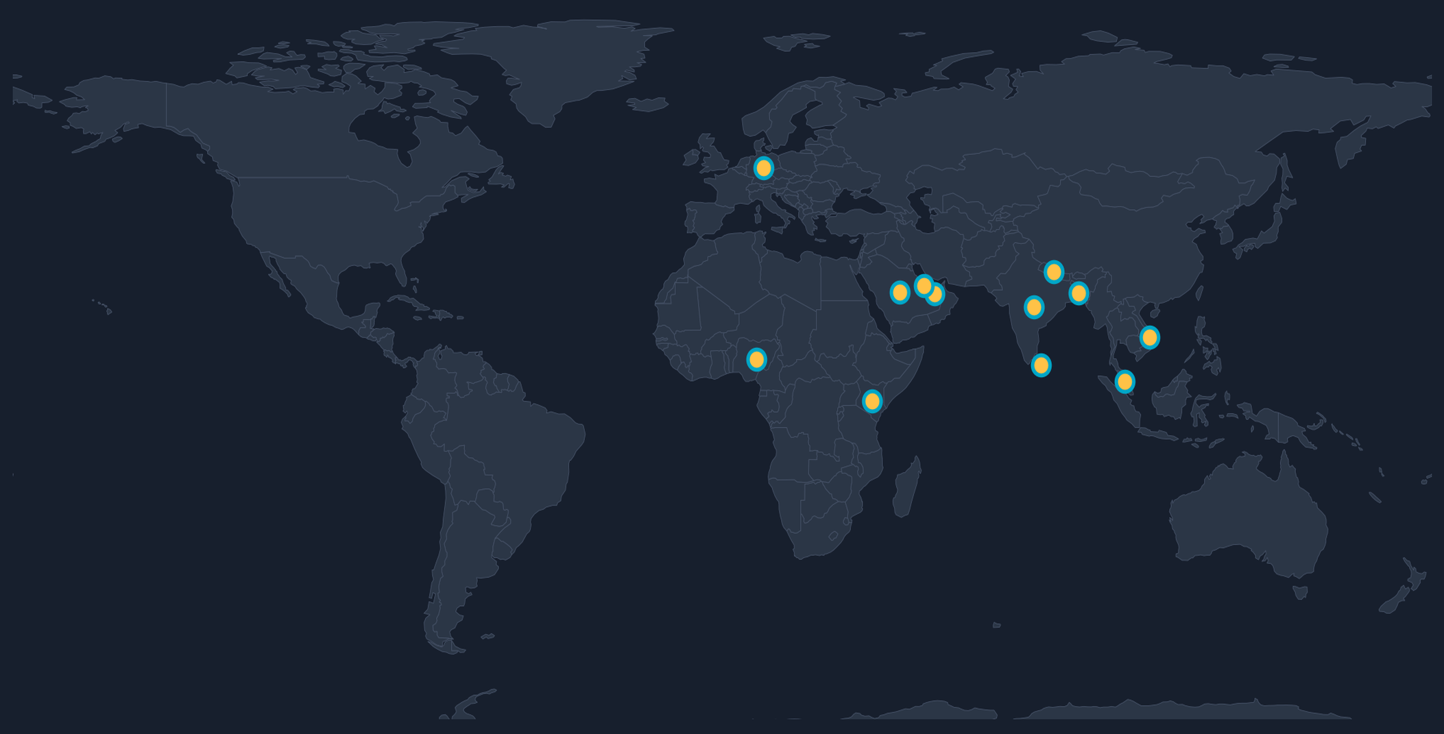 World map highlighting ACMAS presence in India, UAE, Saudi Arabia, Qatar, Kenya, Nigeria, Bangladesh, Sri Lanka, Nepal, Vietnam, Malaysia and Germany